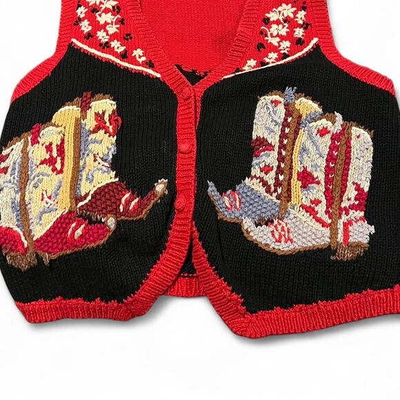 Vintage Tiara International Red & black knit cowboy boot sweater vest. M. - Picture 2 of 2